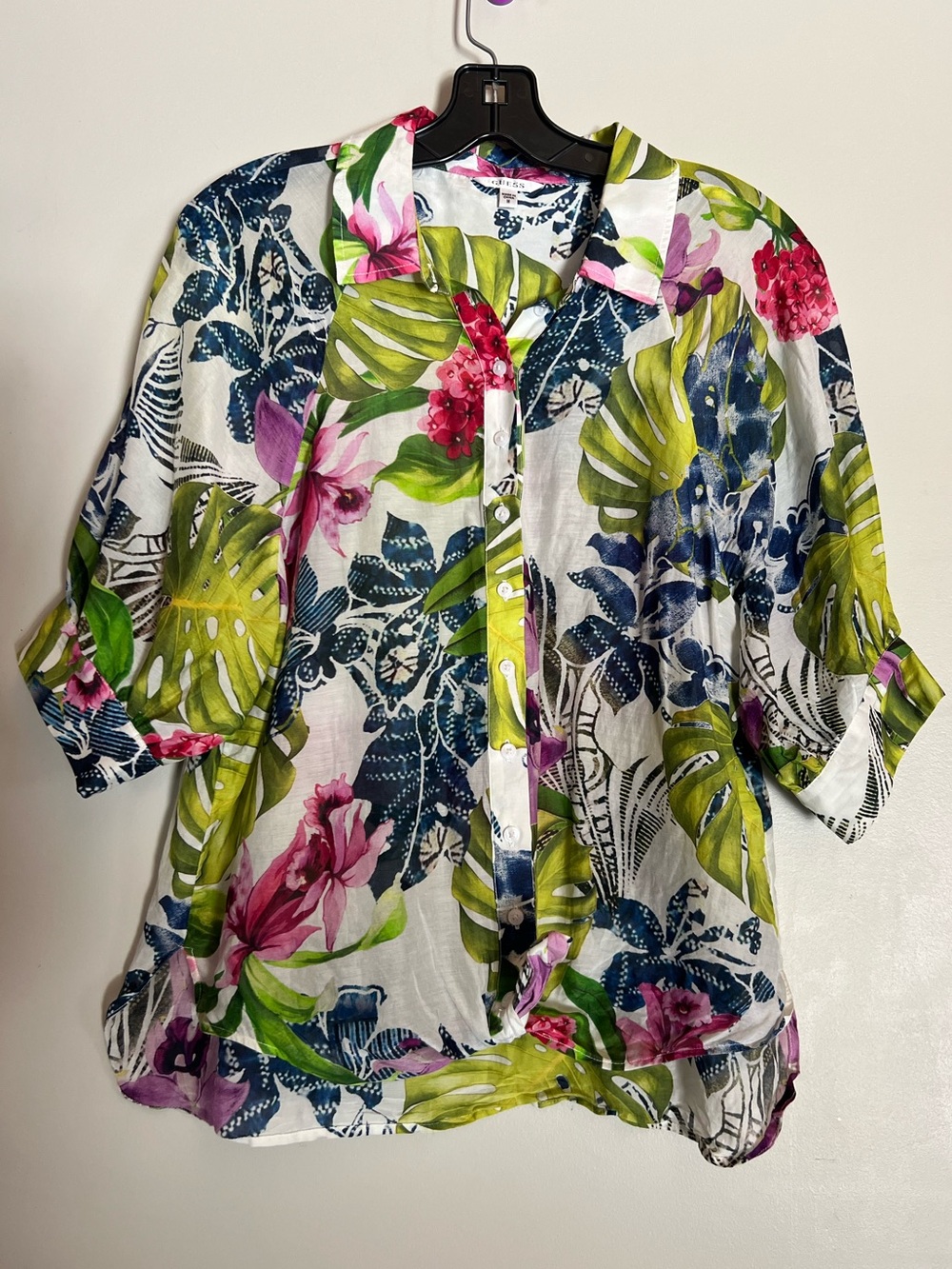GUESS Tropical Floral Leaf Print Button Front Blouse Green Pink Navy Size Medium